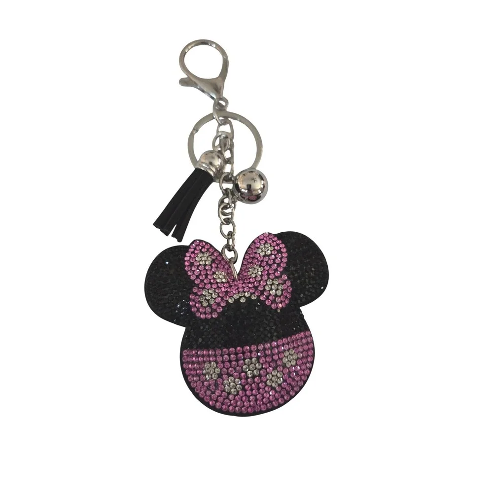 Minnie Mouse Head Keychain Pink Black Crystal Bow Tassel Bag Charm NEW Accessory